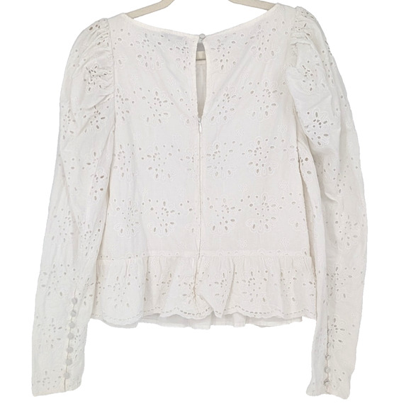 Express White Eyelet Floral Peplum Ruffle Puff Sleeve Cottage Coquette Blouse LG - Picture 6 of 10